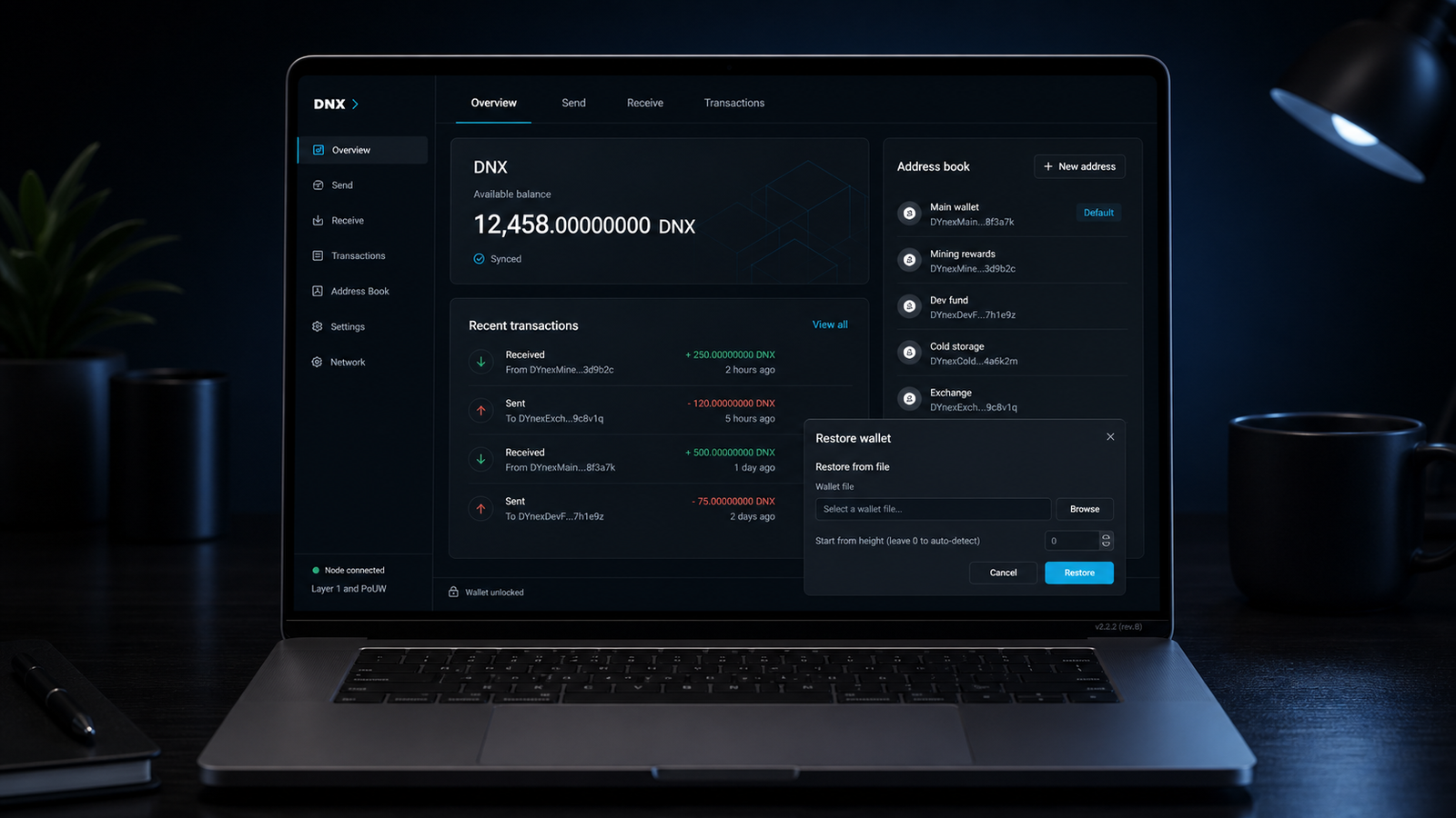 Dynex desktop GUI wallet mockup with overview, transactions, and restore controls